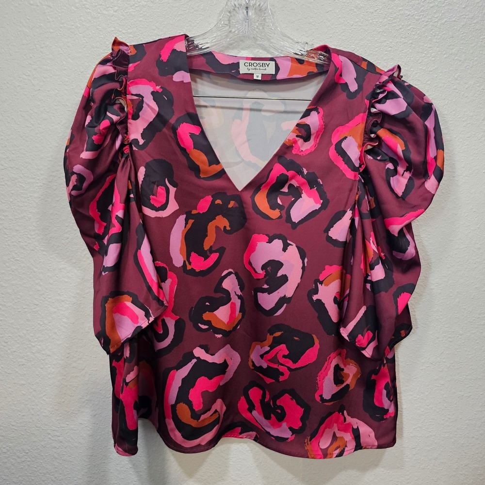 Crosby by Mollie Burch Pink Abstract Leopard V-Neck Puff Flutter Sleeve Top M